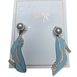 Canvas Style Blue High Heel Shoe Drop Earrings Pearl Accent NWT